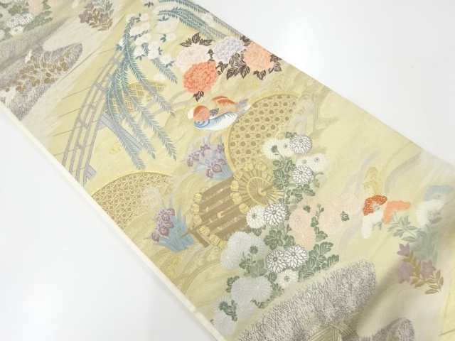 JAPANESE KIMONO / VINTAGE FUKURO OBI / WOVEN MANDARIN DUCKS & FLORAL PLANTS